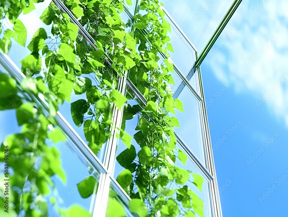 Vibrant Green Vine Climbing on Metal Framework Against Clear Blue Sky Under Bright Daylight