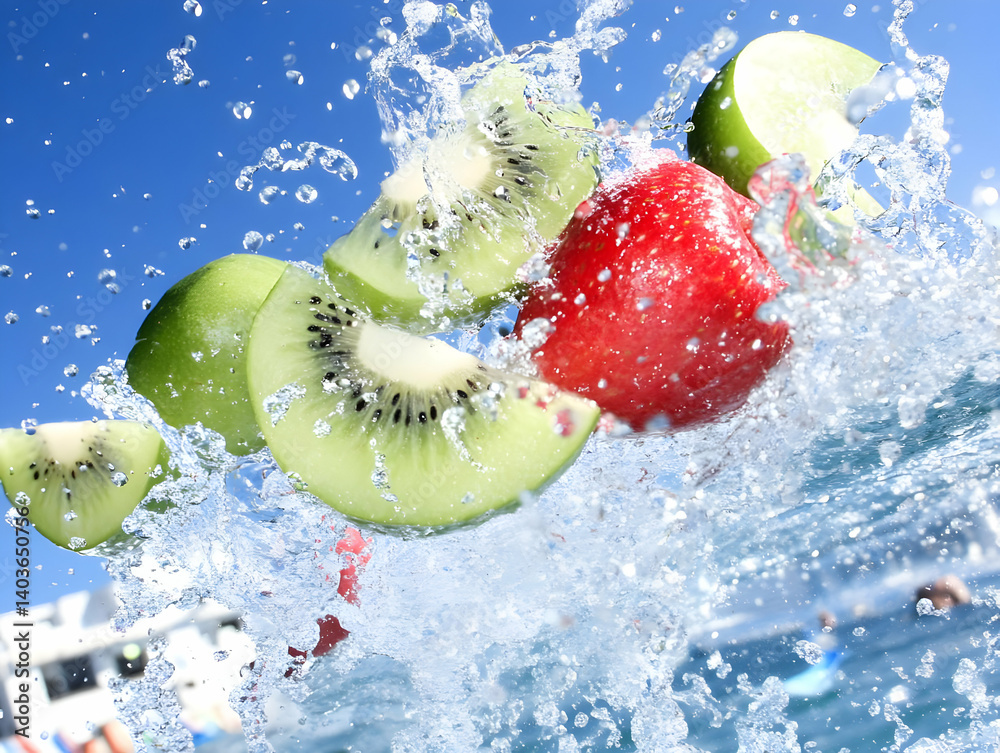 Vibrant Kiwi and Strawberry Splash Against Bright Blue Sky Refreshing Fruit Explosion with Dynamic Water Action for Healthy Summer Lifestyle