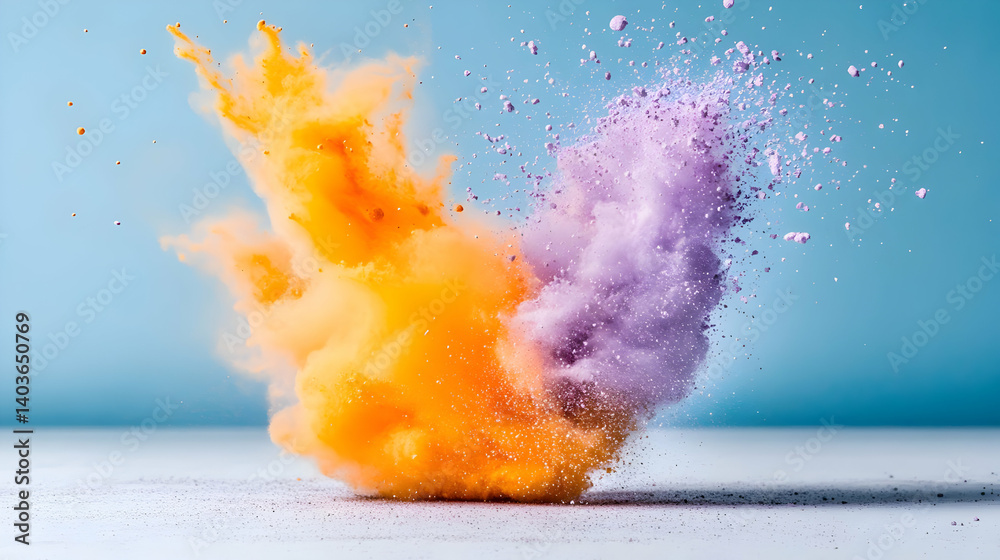 Vibrant Orange And Purple Powder Explosion on a Light Blue Background Fine Art