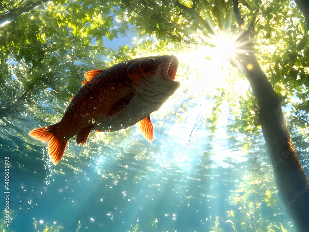 Vibrant Orange Fish Swimming in Clear Waters Beneath Trees with Sunlight Rays Piercing Through Canopy