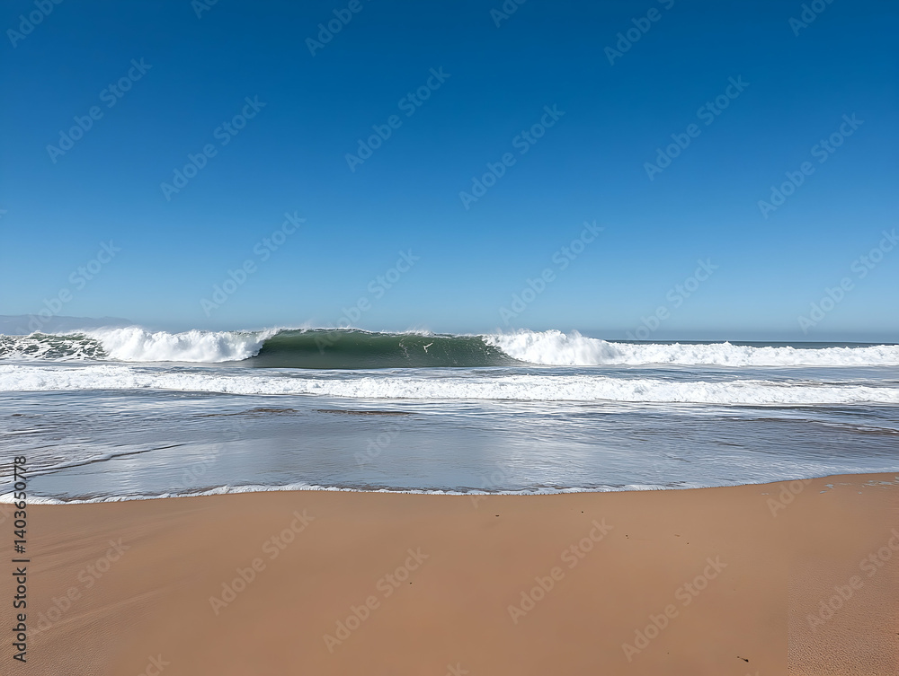 Vibrant Ocean Waves Crashing on Sandy Beach Under Clear Blue Sky on Sunny Day Featuring Turquoise Waters and Golden Sand Coastal Scenery