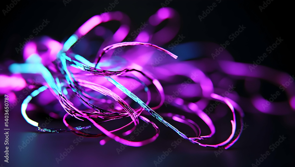 Vibrant Neon Curves Abstract Light Trails in Dark Background with Glowing Purple and Blue Hues