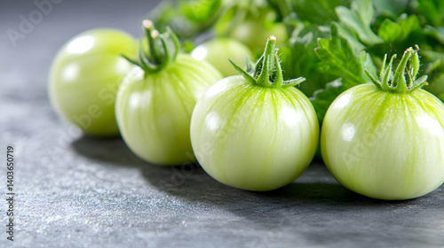 Vibrant Green Tomatoes Grouped on Grey Textured Surface with Natural Light and Fresh Green Leaves