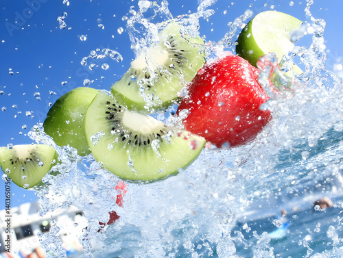 Obraz na płótnie Vibrant Kiwi and Strawberry Splash Against Bright Blue Sky Refreshing Fruit Explosion with Dynamic Water Action for Healthy Summer Lifestyle w salonie