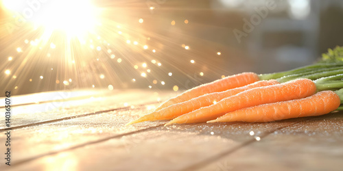 Vibrant Orange Carrots with Fresh Green Tops on Rustic Wooden Table Under Bright Sunlight for a Healthy Eating Concept