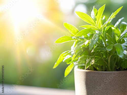 Obraz na płótnie Vibrant Green Plant in Textured Pot Bathed in Sunlight Creating a Natural and Bright Indoor Scene w salonie