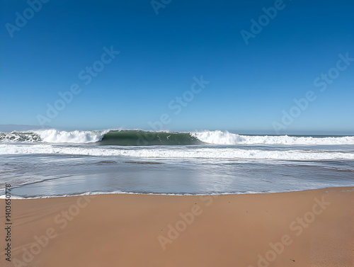 Vibrant Ocean Waves Crashing on Sandy Beach Under Clear Blue Sky on Sunny Day Featuring Turquoise Waters and Golden Sand Coastal Scenery