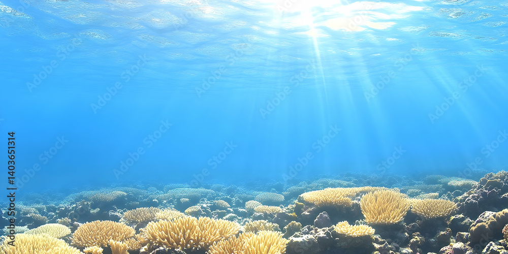 Vibrant Underwater Scene with Golden Coral Reefs And Sun Rays Filter Through Azure Water in Tranquil Ocean Marine Environment