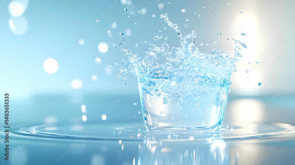 Vibrant Water Splash in Glass with Blue Hues on Light Background