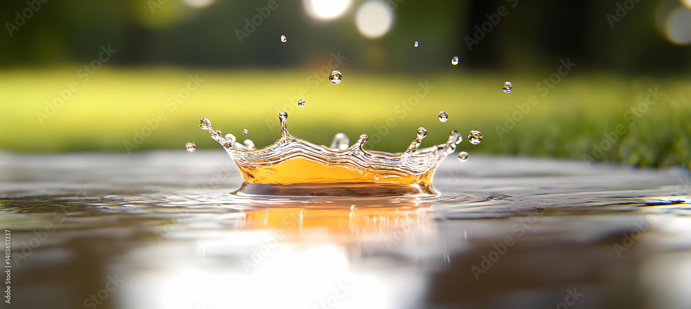 Vibrant Water Drop Crown Splash Against Blurred Green Garden Backdrop in Summer Day