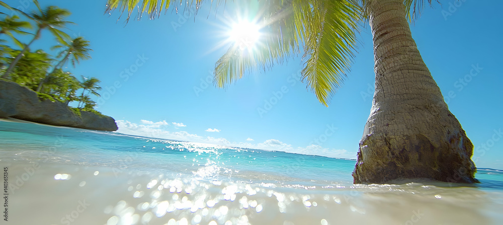 Vibrant Tropical Beach Scene with Turquoise Water Palm Trees and a Bright Sun in a Serene Coastal Landscape on a Sunny Day