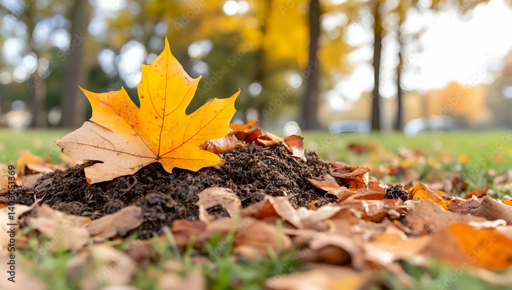 Vibrant Yellow Maple Leaf Resting on Earth Mound Amidst Autumn Foliage in a Sunny Outdoor Park