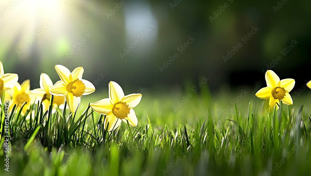 Vibrant Yellow Daffodils Bloom Under Warm Sunlight on Green Field in Springtime