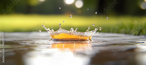 Obraz na płótnie Vibrant Water Drop Crown Splash Against Blurred Green Garden Backdrop in Summer Day w salonie