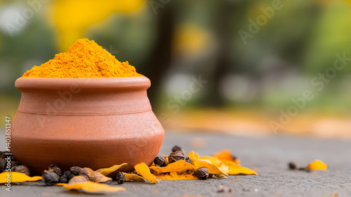Obraz na płótnie Vibrant Turmeric Powder in Clay Pot with Black Peppercorn on Stone Surface with Blurred Green Background w salonie