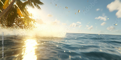 Vibrant Water Droplet Splash at Sunset with Golden Sunlight Reflection Ocean Scenery Tropical Beach and Palm Trees Against Blue Sky