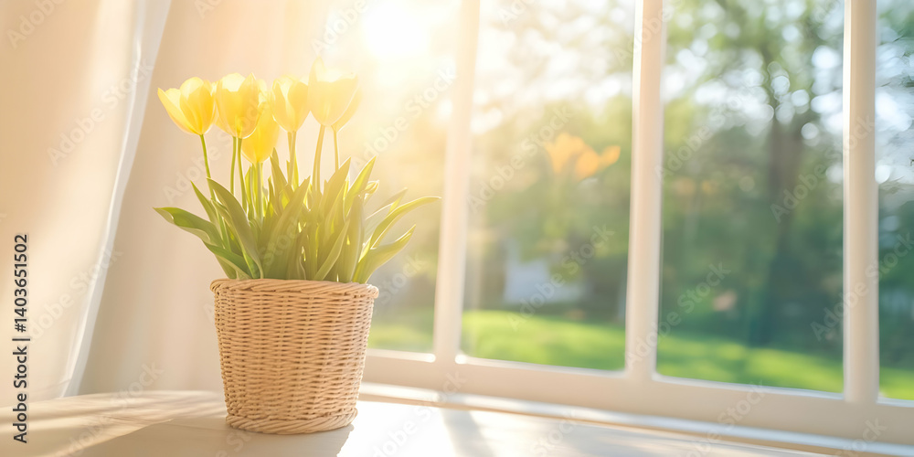 Vibrant Yellow Tulips in Woven Pot Near Sunny Window with Blurred Greenery and Soft Natural Light