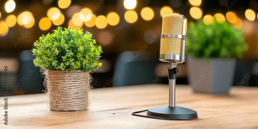 Vintage Style Microphone and Green Plant on Wooden Table with Bokeh Lights
