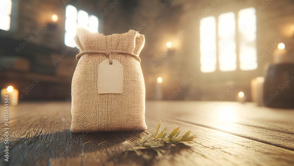 Vintage Sack on Wooden Table with Candles and Soft Sunlight in Stone Room Interior