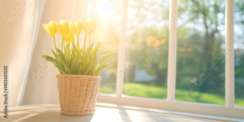 Obraz na płótnie Vibrant Yellow Tulips in Woven Pot Near Sunny Window with Blurred Greenery and Soft Natural Light w salonie