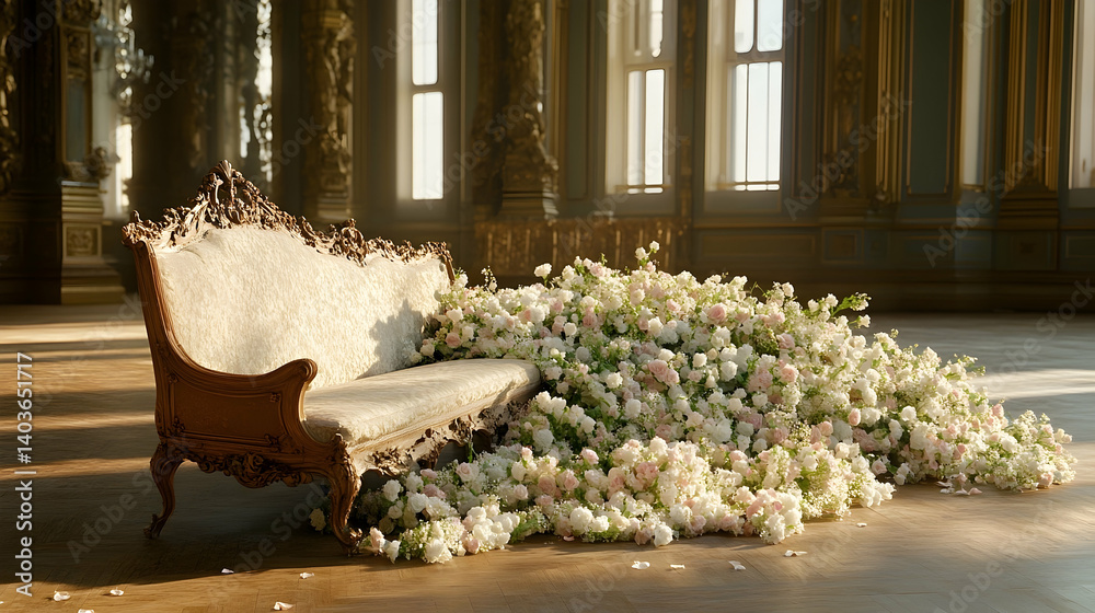 Vintage Style Room with an Antique Beige Sofa Covered in White Flowers in a Golden Lit Grand Architecture