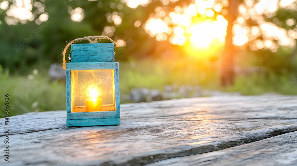 Vintage Turquoise Lantern with Candlelight on Weathered Wooden Table at Sunset