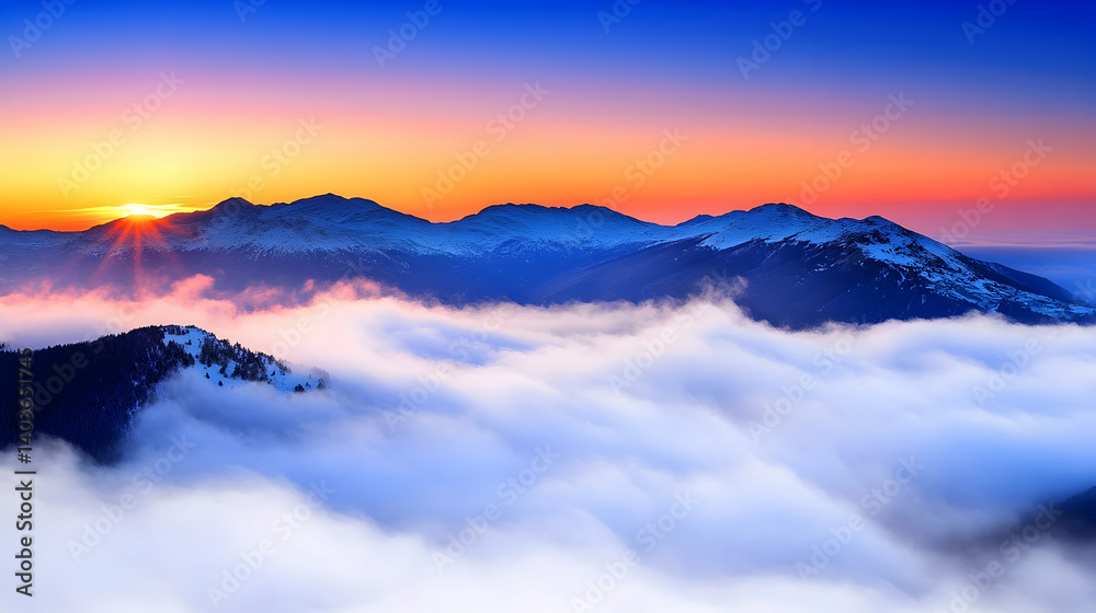 Voxel Art Snowy Mountain Peaks with Vibrant Sunset and Cloud Inversion in Vivid Blue Orange and White