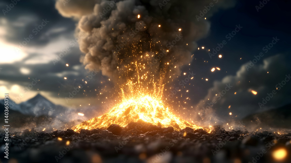 Volcanic Eruption With Orange Lava and Black Smoke Against a Mountainous Backdrop in Dark Sky