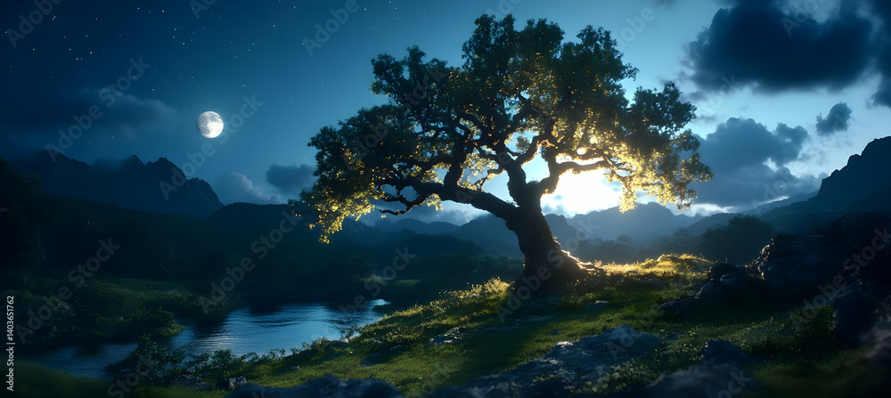 Obraz premium Voxel Tree Glowing Under Moonlight in Grassy Field Landscape at Night with Distant Mountains Under Starry Blue Sky