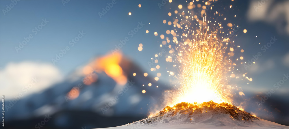 Volcano Eruption Emitting Lava and Ash on Snowy Mountain Under Blue Sky in a Dramatic Landscape