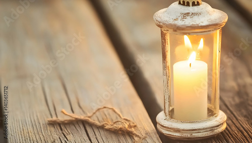 Vintage Candle Lantern with Burning Flame on Wooden Planks for Christmas Decoration in Warm Light and Cozy Holiday Atmosphere