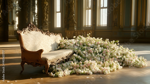 Obraz na płótnie Vintage Style Room with an Antique Beige Sofa Covered in White Flowers in a Golden Lit Grand Architecture w salonie