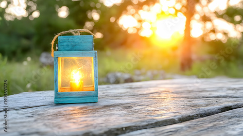 Obraz na płótnie Vintage Turquoise Lantern with Candlelight on Weathered Wooden Table at Sunset w salonie