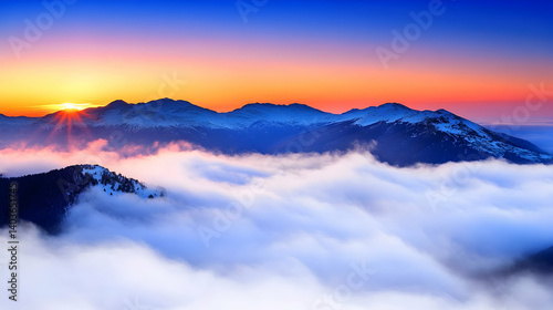 Obraz na płótnie Voxel Art Snowy Mountain Peaks with Vibrant Sunset and Cloud Inversion in Vivid Blue Orange and White w salonie