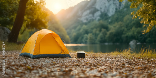 Vivid Yellow Tent Set Beside Tranquil Lake with Rocky Mountain Backdrop During Golden Hour for Camping Adventure