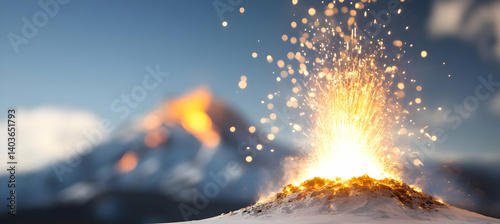 Obraz na płótnie Volcano Eruption Emitting Lava and Ash on Snowy Mountain Under Blue Sky in a Dramatic Landscape w salonie