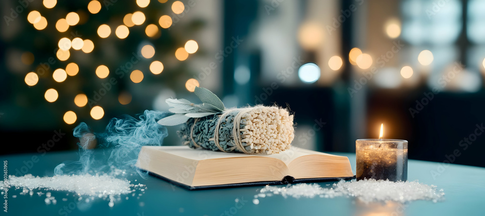 Warm Christmas Decoration with Candle Book and Festive Presents on Blue Table with Sparkling Fairy Lights