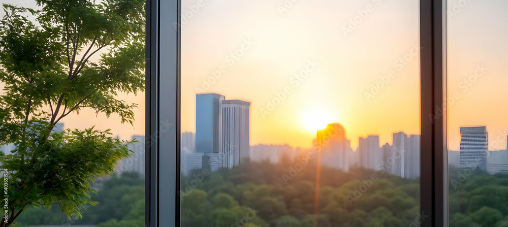 Warm Cityscape Sunrise View Through Window with Tree Silhouetted Against Skyline in Pastel Yellow Sky