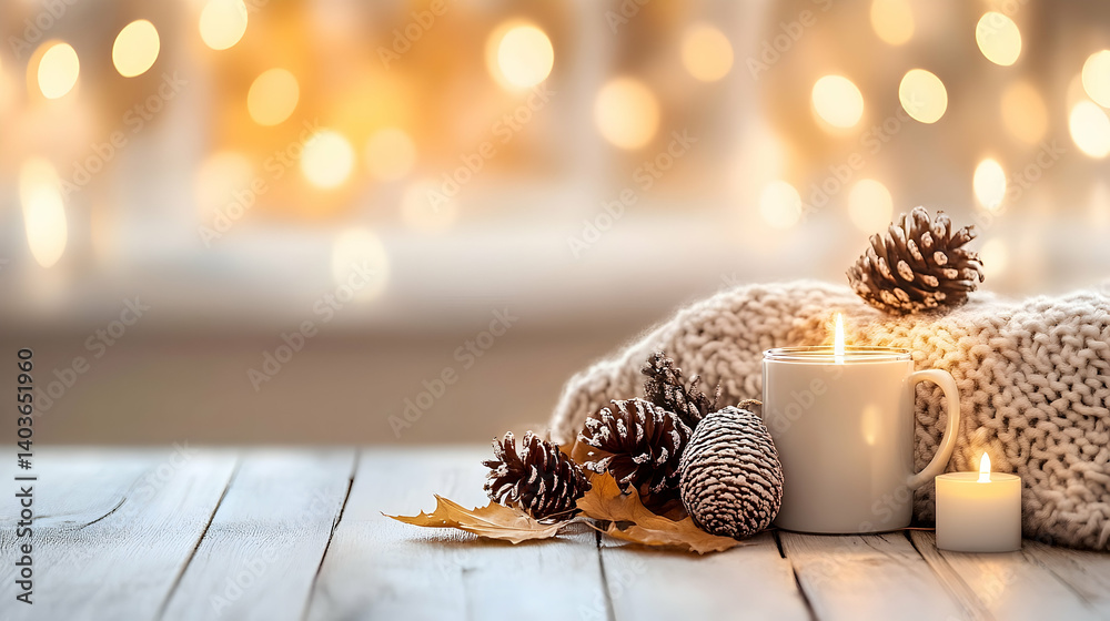 Warm Coffee Mug on a Cozy Knit Blanket Surrounded by Pinecones and Candles Creating a Serene Winter Still Life