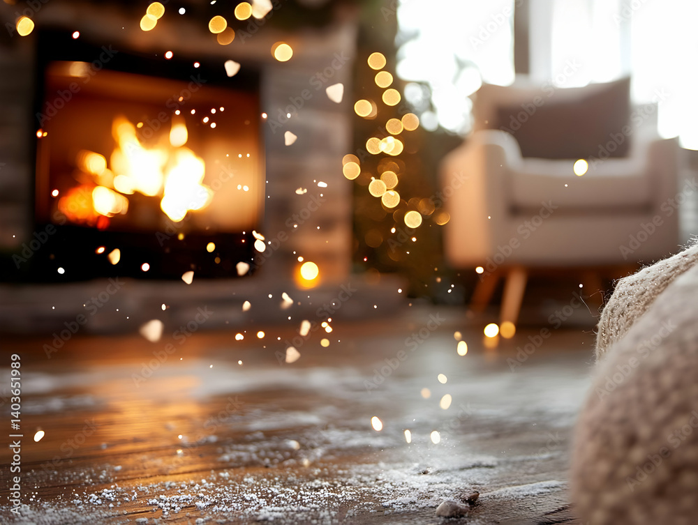 Warm Glowing Fireplace With Bokeh Lights and Soft Beige Armchair Creates A Cozy Holiday Ambiance
