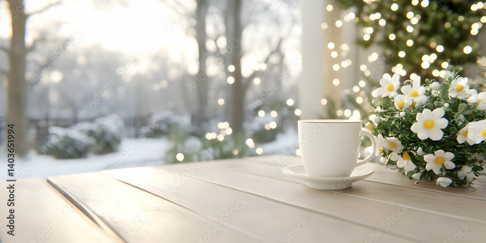 Warm Coffee and White Daisies on Wooden Table with Snowy Winter Landscape and Christmas Lights in the Background