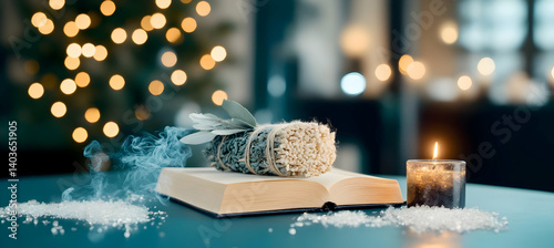 Obraz na płótnie Warm Christmas Decoration with Candle Book and Festive Presents on Blue Table with Sparkling Fairy Lights w salonie