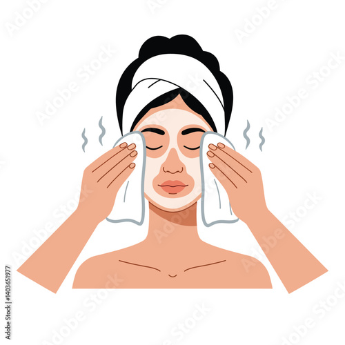 Woman cleansing her face with warm towels in a calming spa-like environment