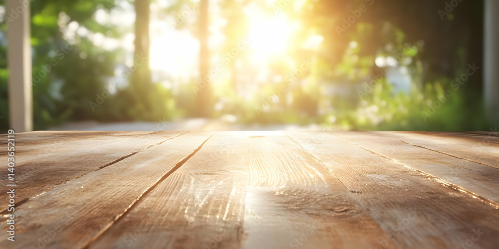 Warm Sunlight on Brown Wooden Planks Table Top with Blurred Green Foliage in Background Natural Wood Grain and Texture Background