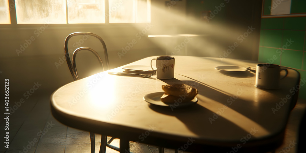Warm Sunlight Illuminating Coffee and Pastries on a Table with Vintage Chair in a Quiet Indoor Setting