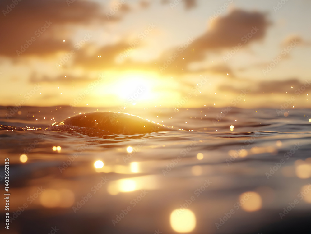 Warm Ocean Water Surface Reflecting Golden Sunset Under Cloudy Sky