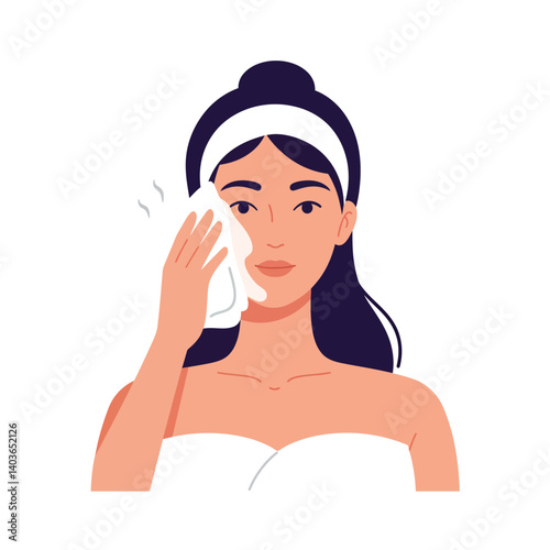 Woman gently cleansing her face with a soft cloth in a spa-like setting