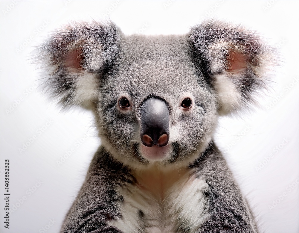 Fototapeta premium surreal koala portrait cute and whimsical against a pristine white backdrop