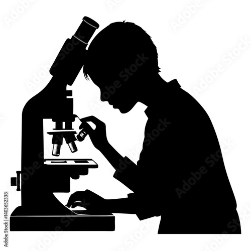 A silhouette of a student looking through a microscope in a classroom lab, appearing attentive and engaged 