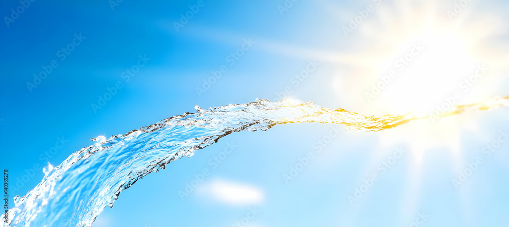 Water Splash Against Blue Sky with Bright Sunlight Creates Dynamic Energy and Refreshing Summer Background in Natural Abstract Motion